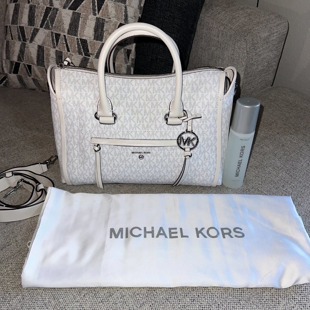 MICHAEL KORS Carine Medium Logo Satchel Bag - White/Beige - Picture 5 of 15